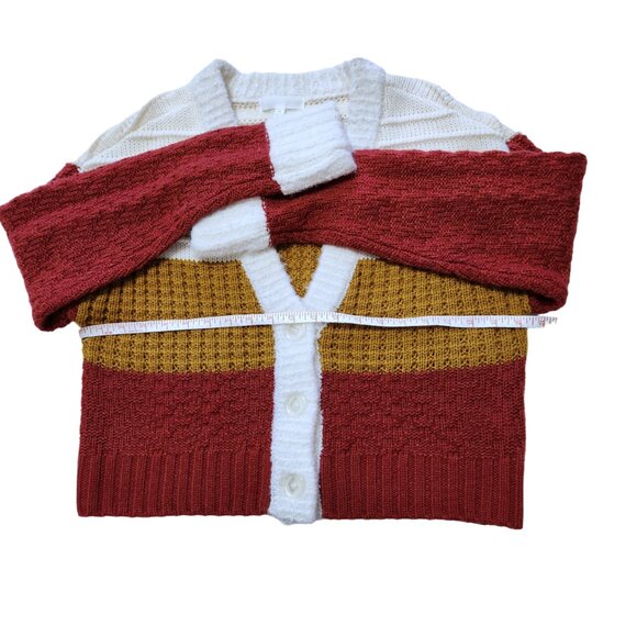 Adyson Parker Colorblock V-Neck Cardigan Tomato Red Golden Brown Cream Sz M - Picture 11 of 15